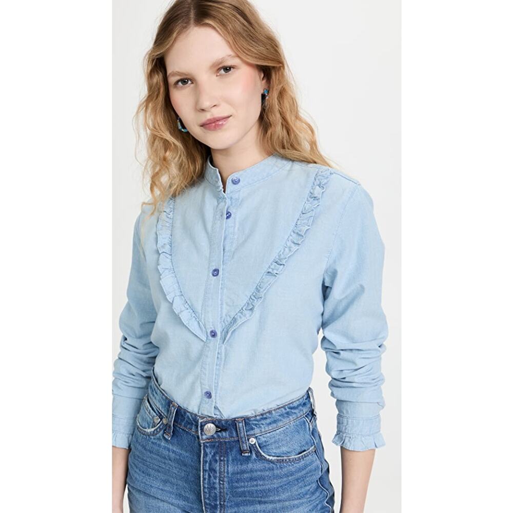 AMO Cooper Ruffled Blue Chambray Button Up Long Sleeve Shirt